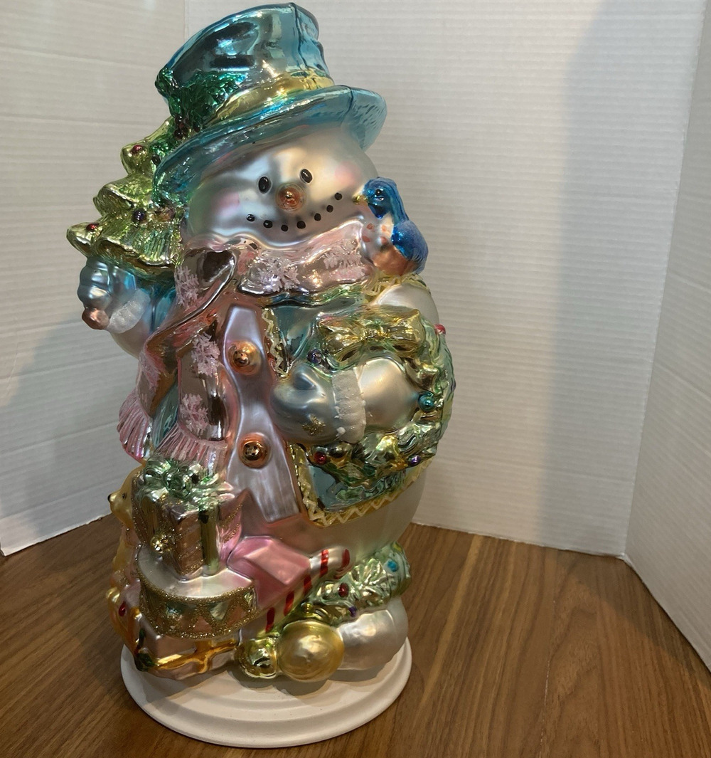 Vintage Cracker Barrel Mercury Glass Snowman 18”x12”Handblown Glass Hand Painted